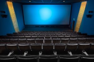 interior of cinema with blue screen