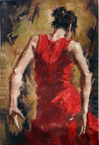 painting of the back of a female flamenco dancer