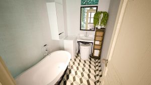 bathroom with bath tub, tiled floor and mirror