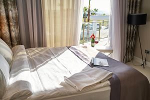 hotel room with champagne and glass