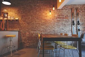 interior rustic restaurant with brick wall