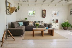 modern living room with brown couch