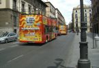 red, double decker tour bus in madrid
