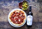 pizza, wine and olives