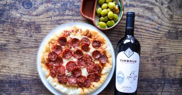 pizza, wine and olives