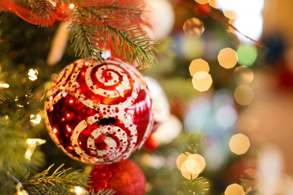 christmas tree decorations in red and white