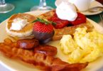 brunch with bacon, eggs, waffles