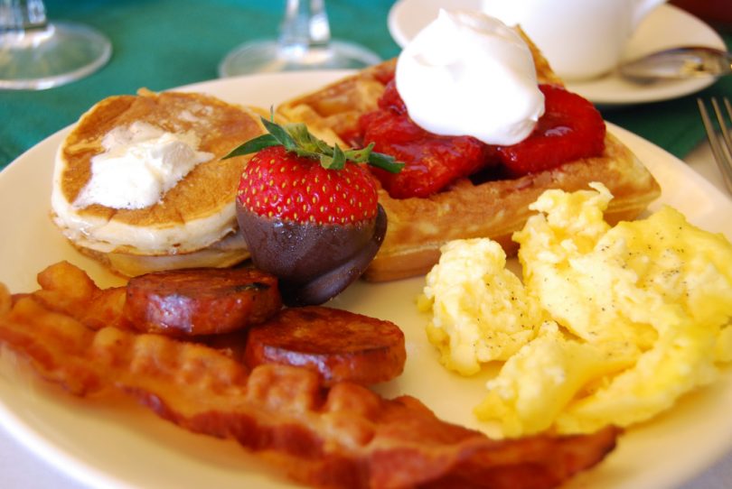brunch with bacon, eggs, waffles
