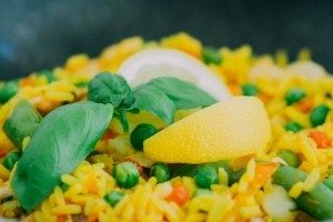 paella with saffron and lemon on top