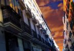 buildings in chueca with red sky
