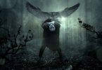 scary person bent backwards with large bird approaching