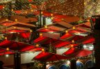 red roofs and christmas lights