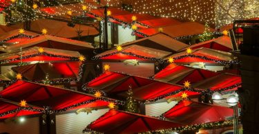 red roofs and christmas lights